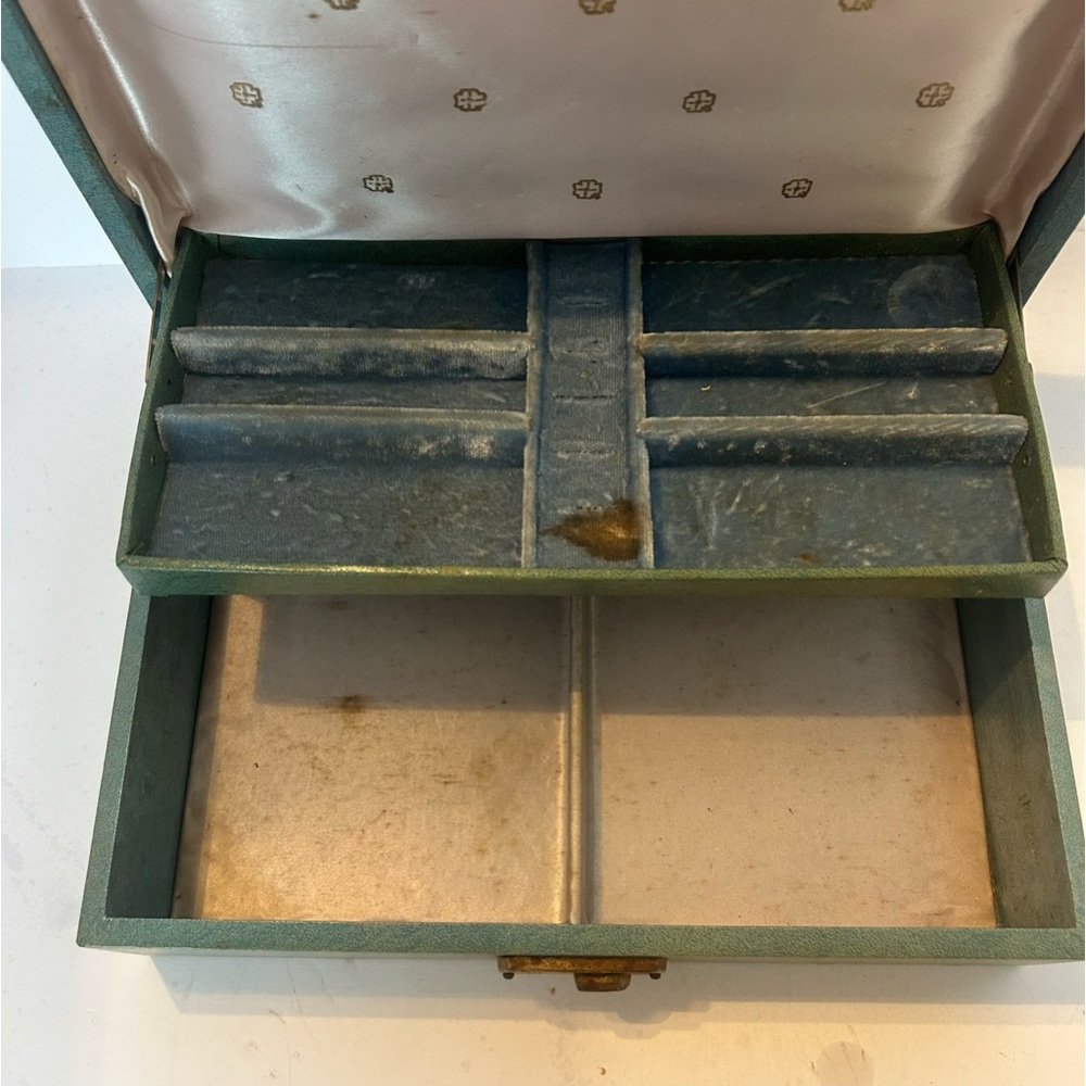 Vintage Jewelry Box 2 Tier Blue Green‎ Velvet Satin  Lining No Key Display